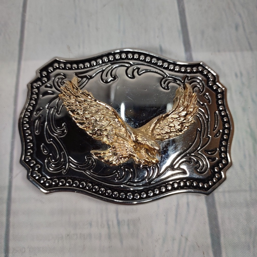 Men's Western Eagle Belt Buckle Metal Silver/Gold Color Rectangular Fits 1.5" - Picture 1 of 5